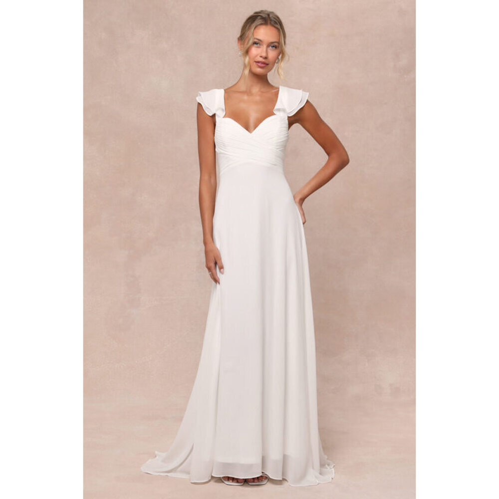 Heavenly Romance White Pleated Flutter Sleeve Lace-Up Maxi Dress